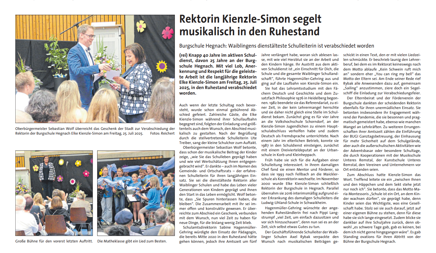 "Rektorin Kienzle-Simon segelt musikalisch in den Ruhestand" - Staufer-Kurier v. 31.07.2025